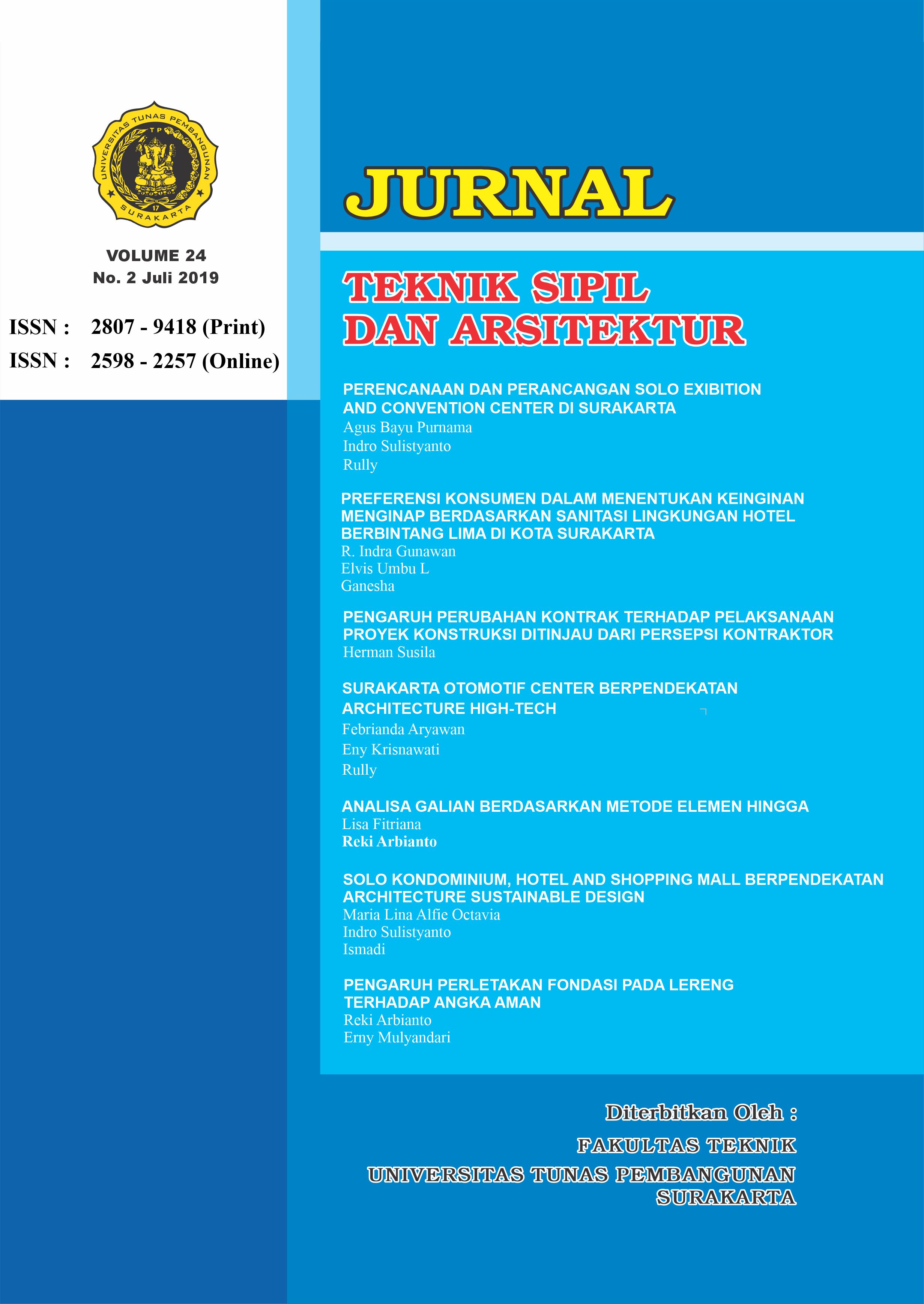 Jurnal ini diterbitkan oleh FALULTAS TEKNIK UNIVERSITAS TUNAS PEMBANGUNAN SURAKARTA .  FOKUS AND SCOPE:  Berisi artikel penelitian/ review tentang Teknik sipil dan Arsitektur.  ISSN :ONLINE  ISSN : 2301-668X  PRINT ISSN 2598-2257  PUBLISHED: 2019-03-23